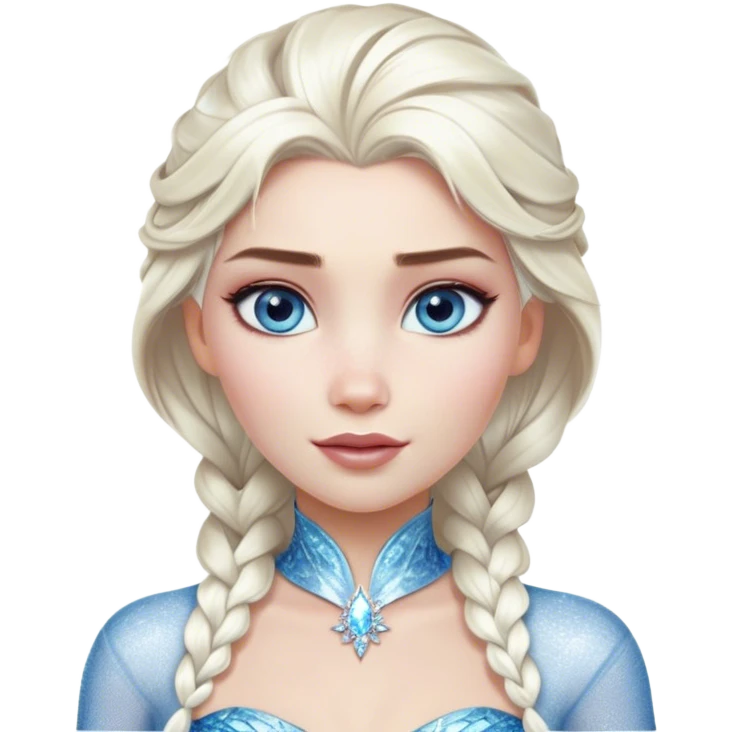 Cinematic Realistic Elsa Portrait, depicted with lifelike skin texture, soft natural lighting, and intricately detailed platinum blonde hair styled elegantly. Her striking, expressive blue eyes exude confidence and grace, complemented by a serene and regal expression. She is dressed in her signature icy attire, with shimmering fabric textures and delicate folds that catch the light beautifully. The portrait features a soft, enchanting glow with a cool, radiant finish, capturing the essence of timeless elegance in a realistic and painterly style, evoking a sense of depth and authenticity. emoji
