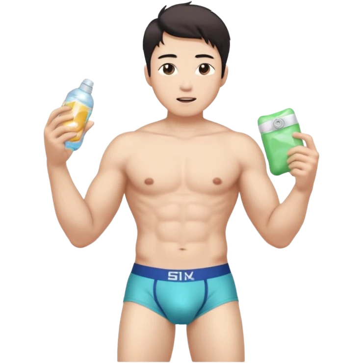 Male shirtless white skin Asian korean six pack sexy big dih lean full body without pants hold condom and jerking off with a little bit hair upper underwear don’t hold any stuff emoji