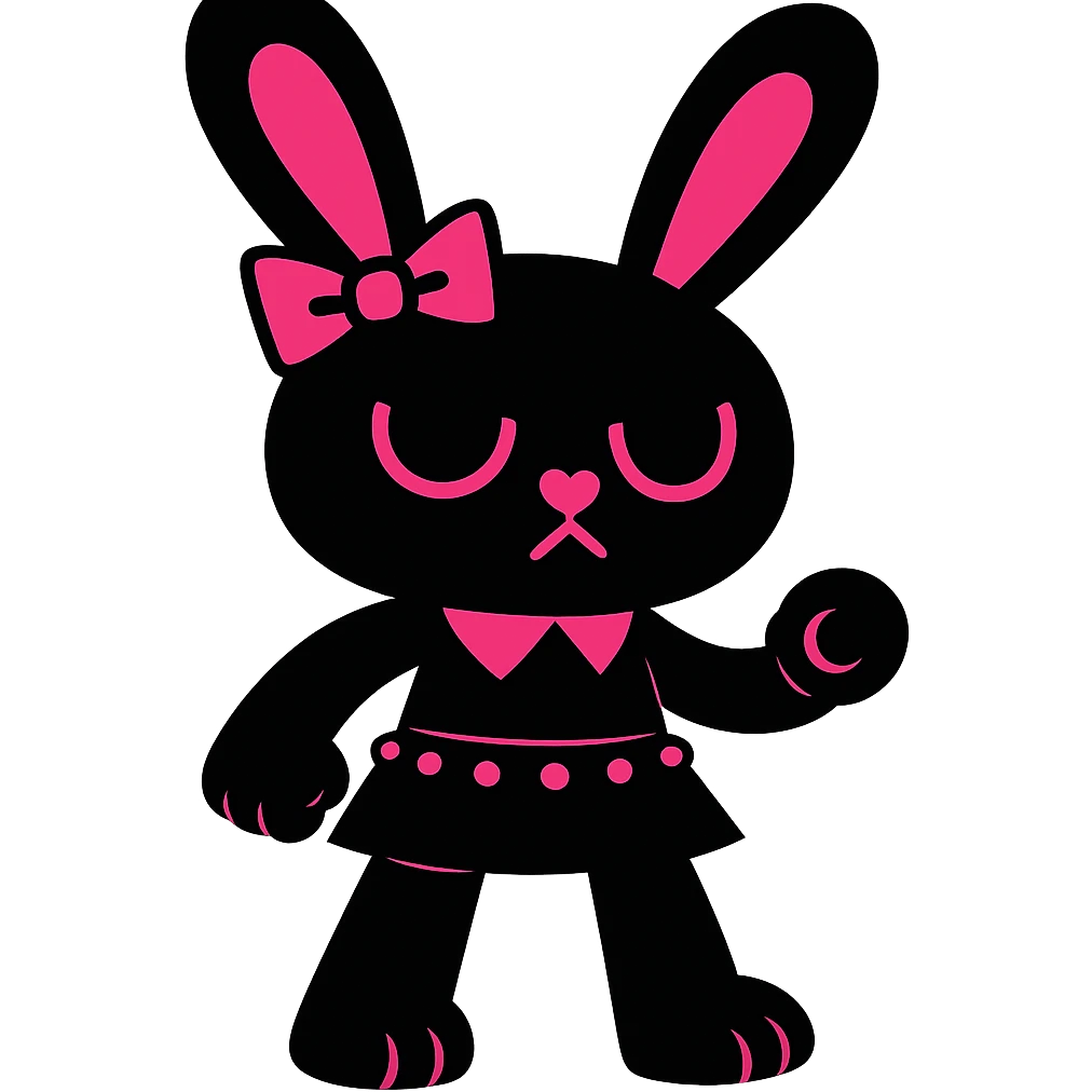 Replace the striped stockings with a studded belt, keep gothic bunny, black and pink colors, vibrant toon style, no background. emoji