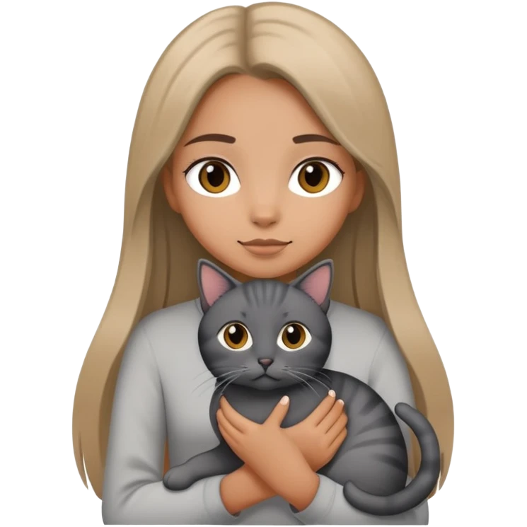 Tan girl with straight hair holding a cat that had black fur on the outside and grey on the inside emoji