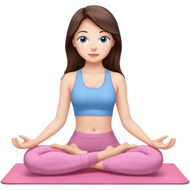 Brunette long hair and blue blue eyes yoga beautiful girl in light pink pink pink clothes sitting on a yoga mat emoji