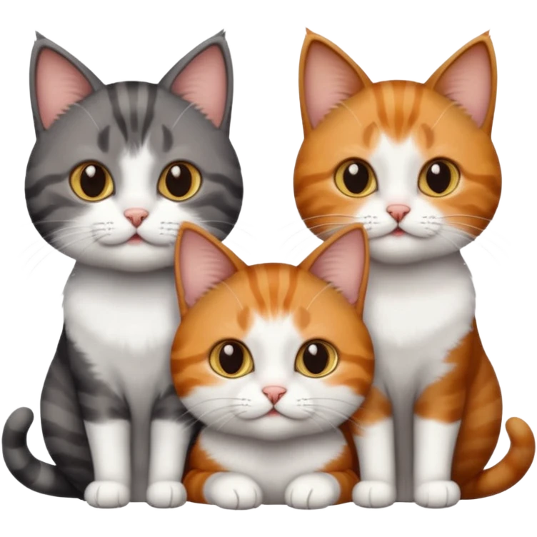 3 different coloured short haired cats including; a dark brown tabby and white cat, and a dark grey and white and a ginger and white emoji