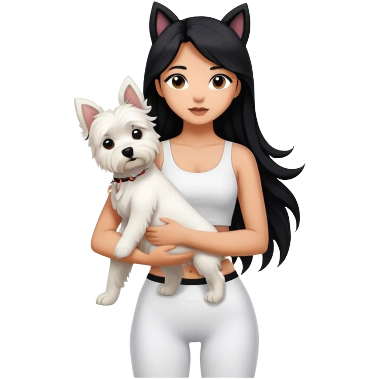 A girl with long black hair who wears white crop top and black legging, she is hugging a west highland terrier with big ears in her arm emoji