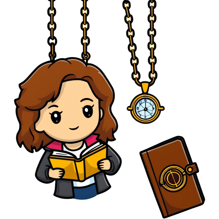 Hermione Granger with books and a time turner necklace emoji