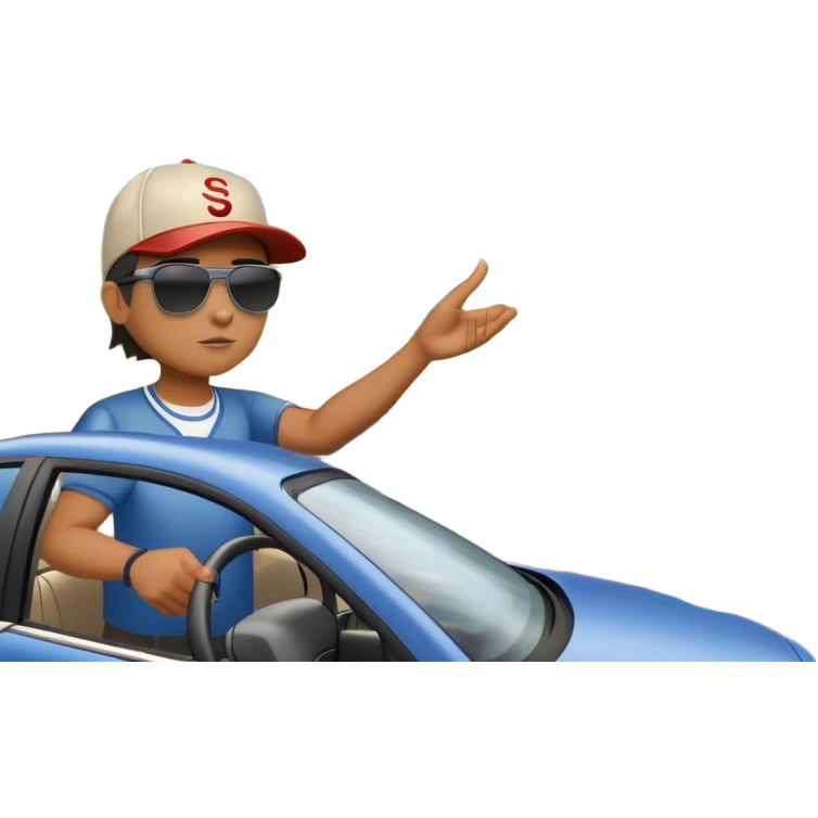 A person stands next to a car parked on the side of a long, open road. The sky ahead is clear and glowing, full of possibilities. One hand is on the steering wheel, the other points forward. The rearview mirror reflects storm clouds, but the windshield shows sunlit mountains ahead.  emoji