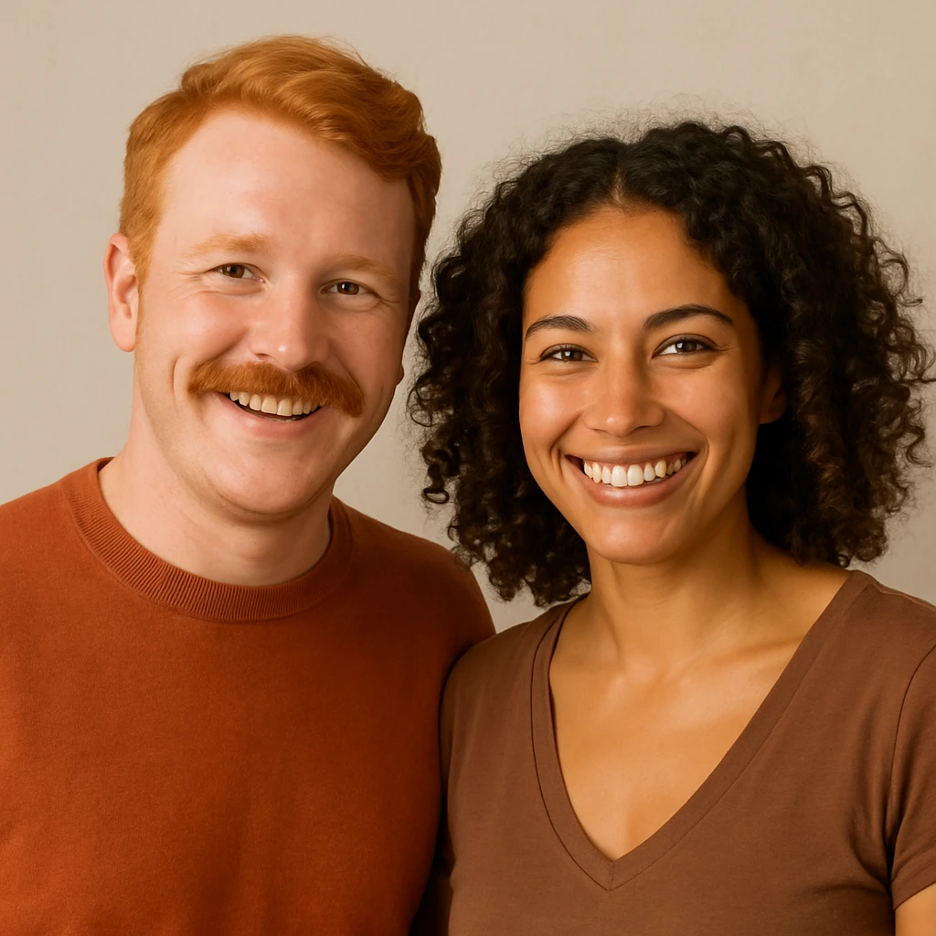 ginger man with brown eyes and ginger mustache, with a brown curly haired woman with green eyes and tan skin, both cheerful, upper body, simple background emoji