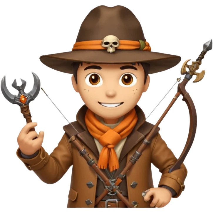 male human monster hunter emoji, wearing brown leather coat and wide hat, holding crossbow, with amulet shaped like skull, Halloween fantasy theme, confident smile, orange scarf, Apple emoji style, clean white background, square image emoji
