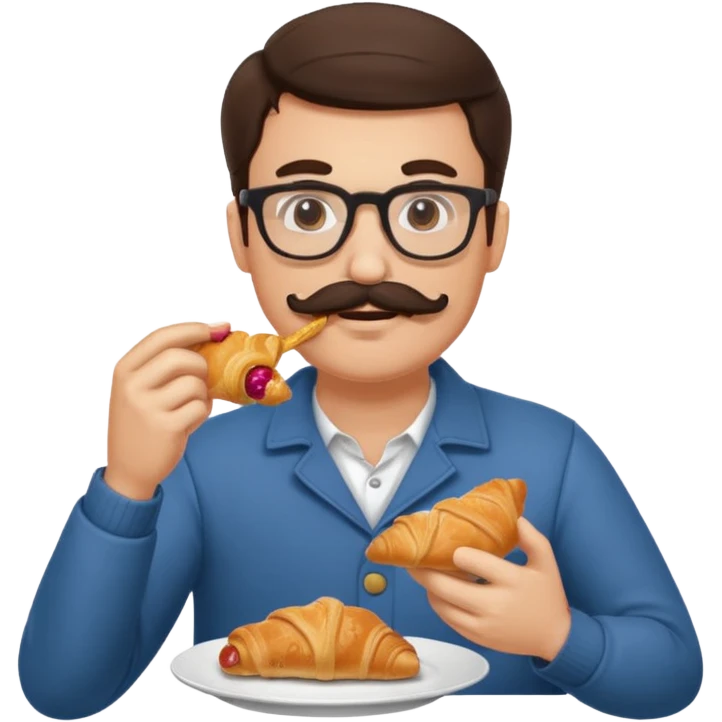 brunette man with glasses and moustache eating croissant emoji