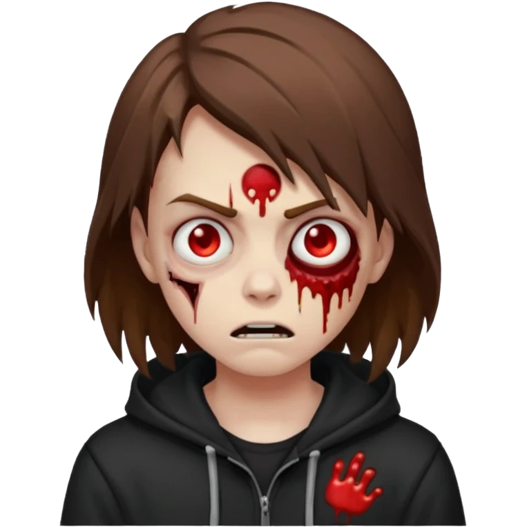 sleepy zombie character, brown jagged hair, black hoodie, emoji look emoji