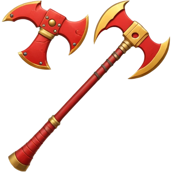 Ares battle axe object icon, ancient Greek war god axe, double-bladed heavy axe, red and gold metal, battle-worn scratches, glowing red accents, 3D cartoon, mobile game icon style, centered, clean background, soft shadow, no text, no watermark

 emoji