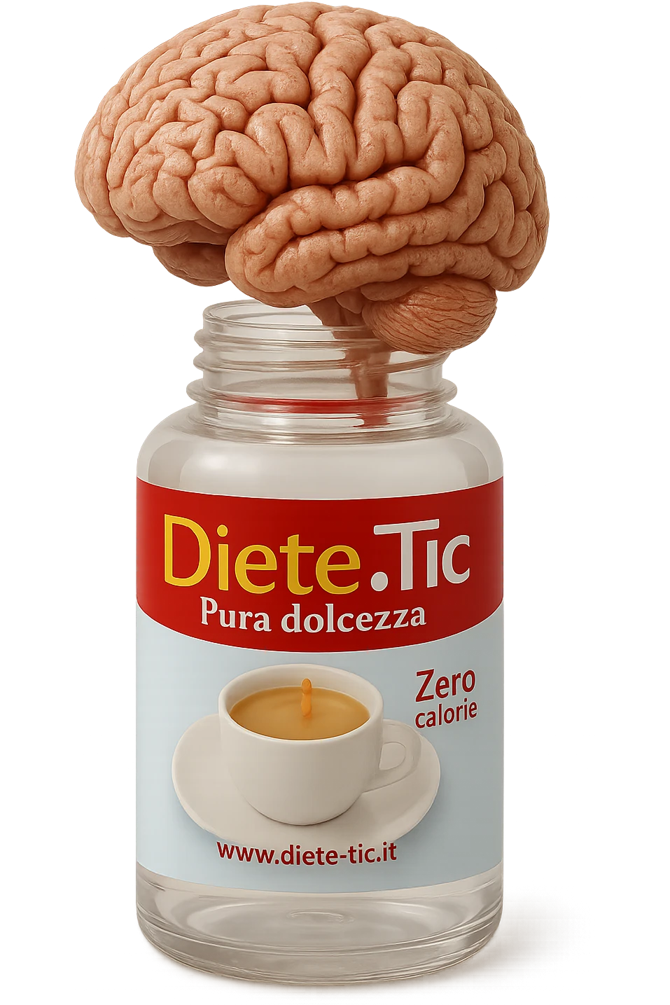 boccetta di dolcificante aperta da cui dentro esce un cervello anatomico umano, iperrealistico 4k emoji