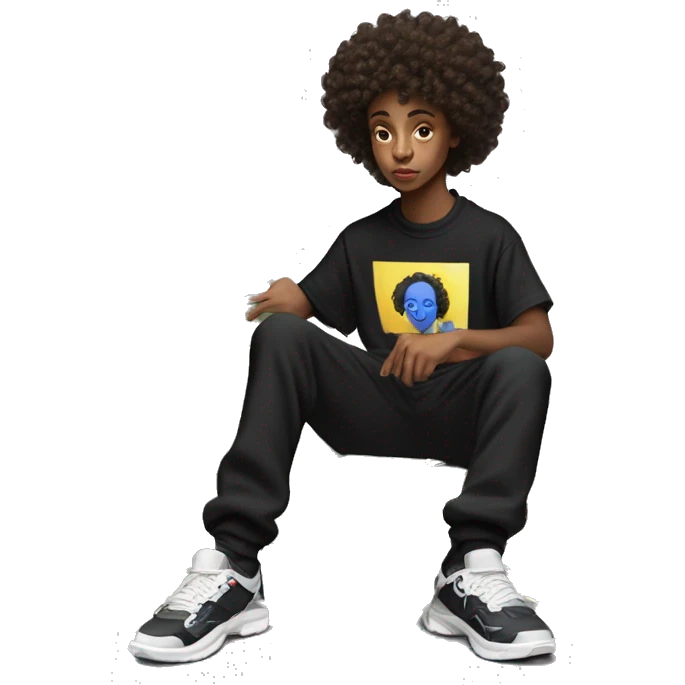 Curlyhead teenager doing a money spread with €50 bills wearing a gallery dept flared sweat pant with gallery dept T-shirt and balenciaga track shoes in black emoji