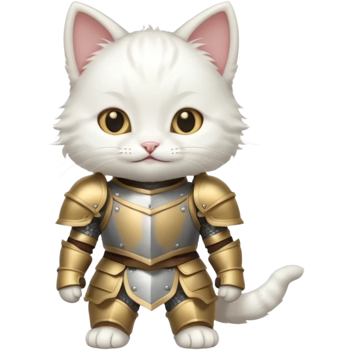 baby white cat in armor, full body, smile emoji
