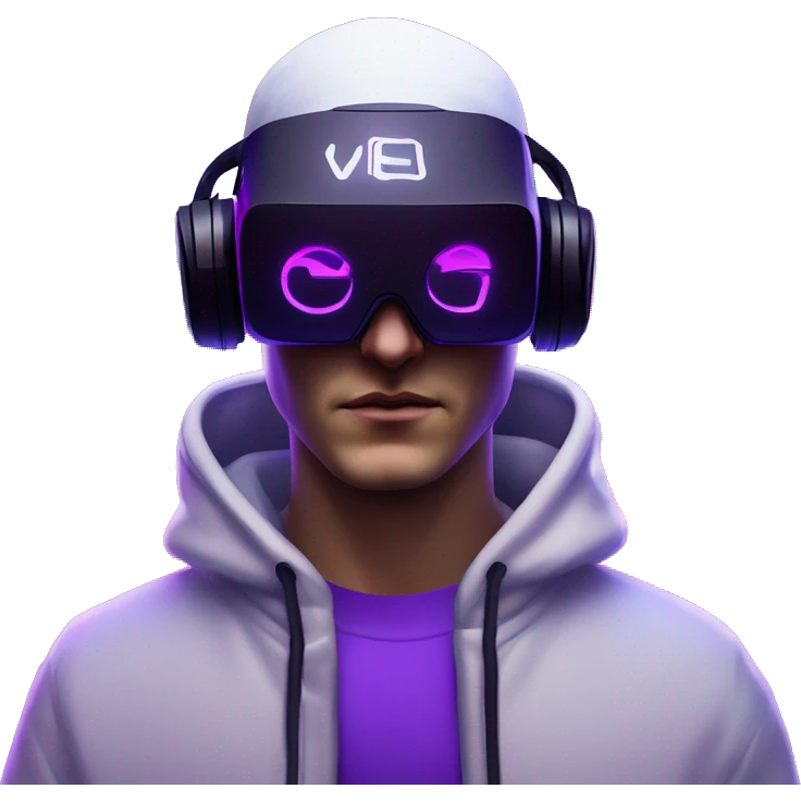 Russian man wearing a black hoodie with "OMG" letters on it and VR headset in a cyberpunk VR environment with violet neon lighting. emoji