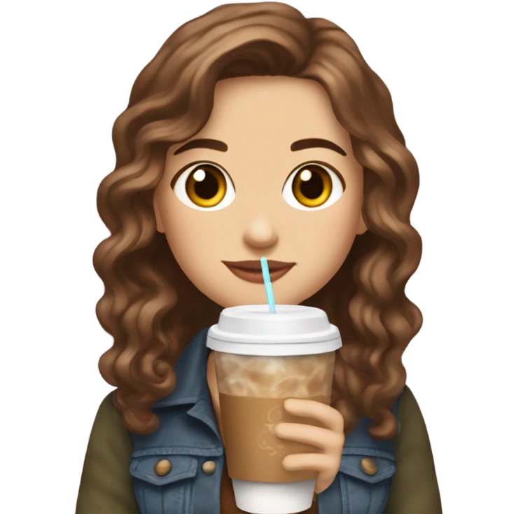 Full body aesthetic white girl with brown wavy hair and brown eyes sipping an iced americano in a cute coffee shop  emoji