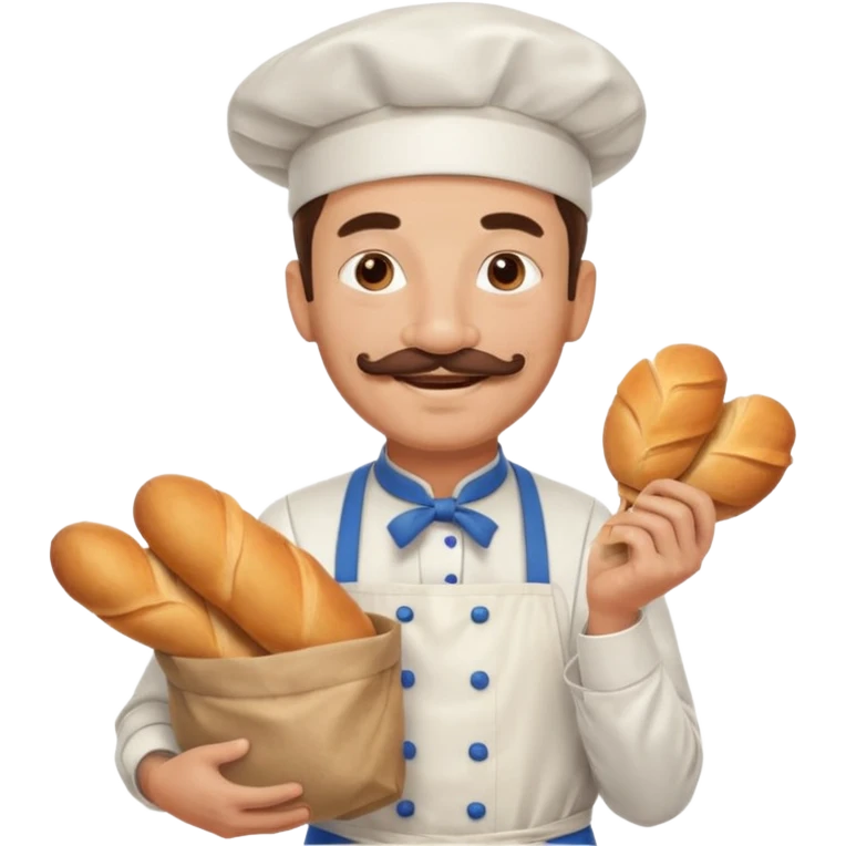 Middle aged male pastry chef - with a mustache, apron, white hat, holding a bag of bread emoji