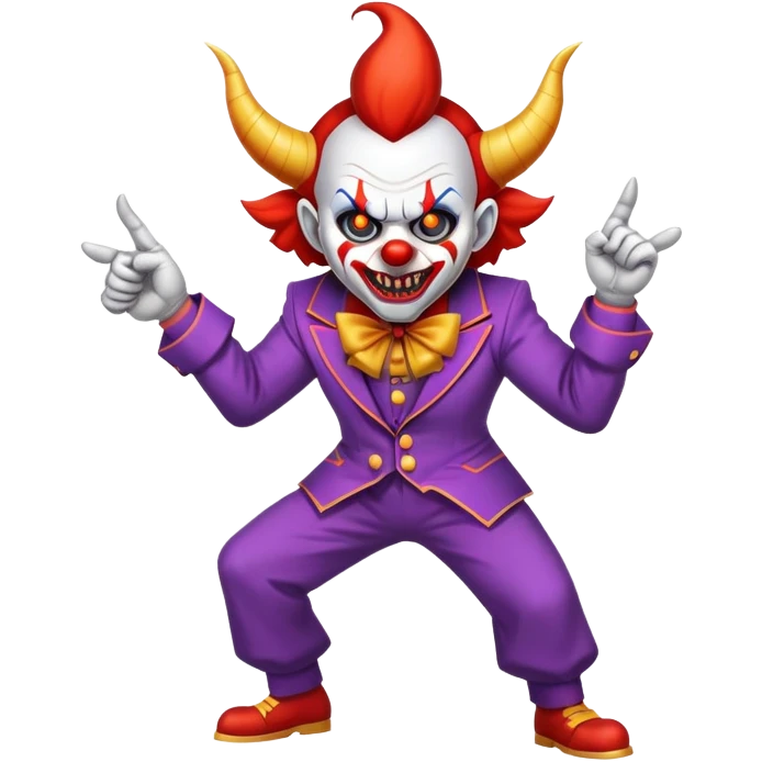 evil clown with horns, fangs, pointed ears, leisure suit, battle-ready, fighting posture emoji