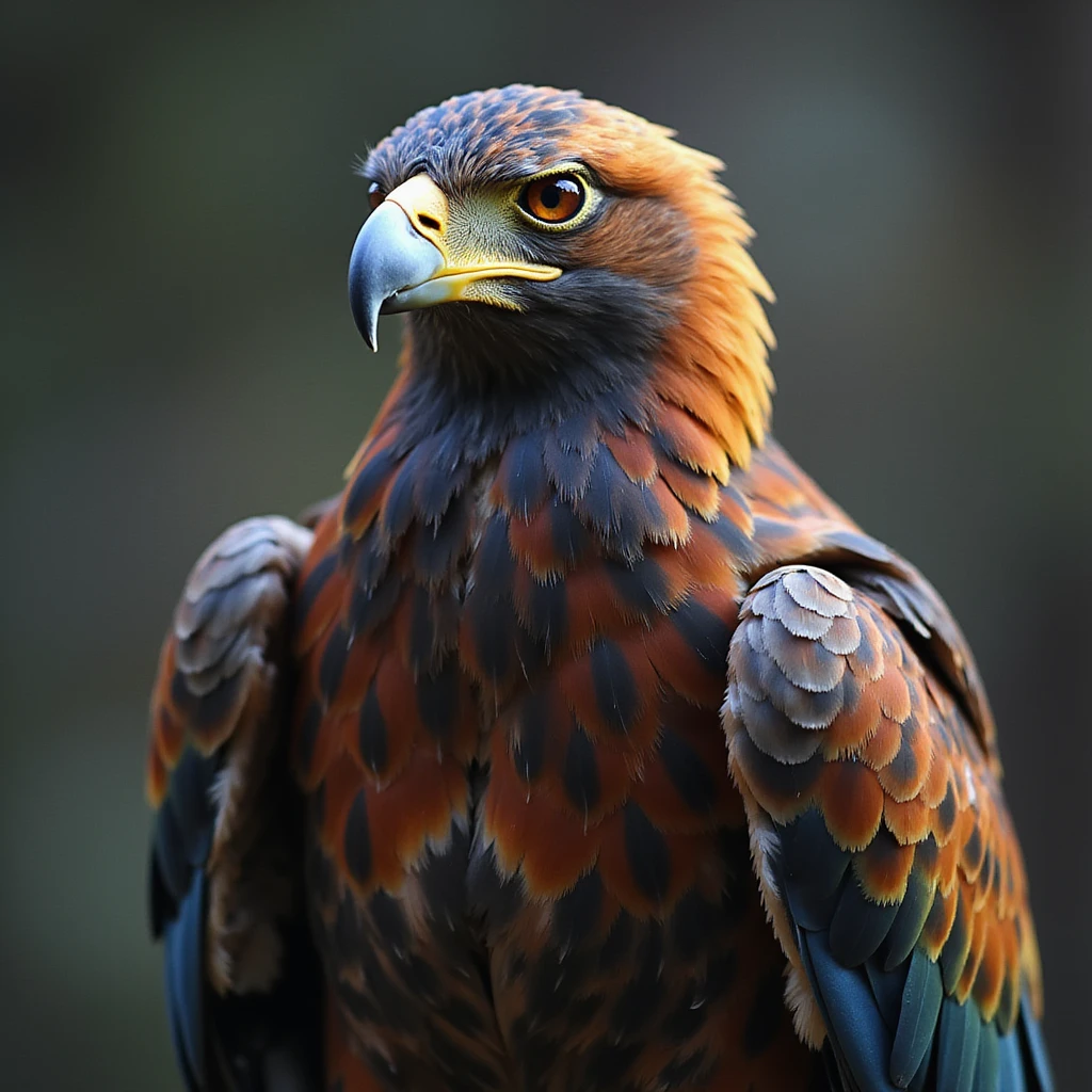 rainbow eagle, realistic, iridescent feathers, perched, subtle background emoji