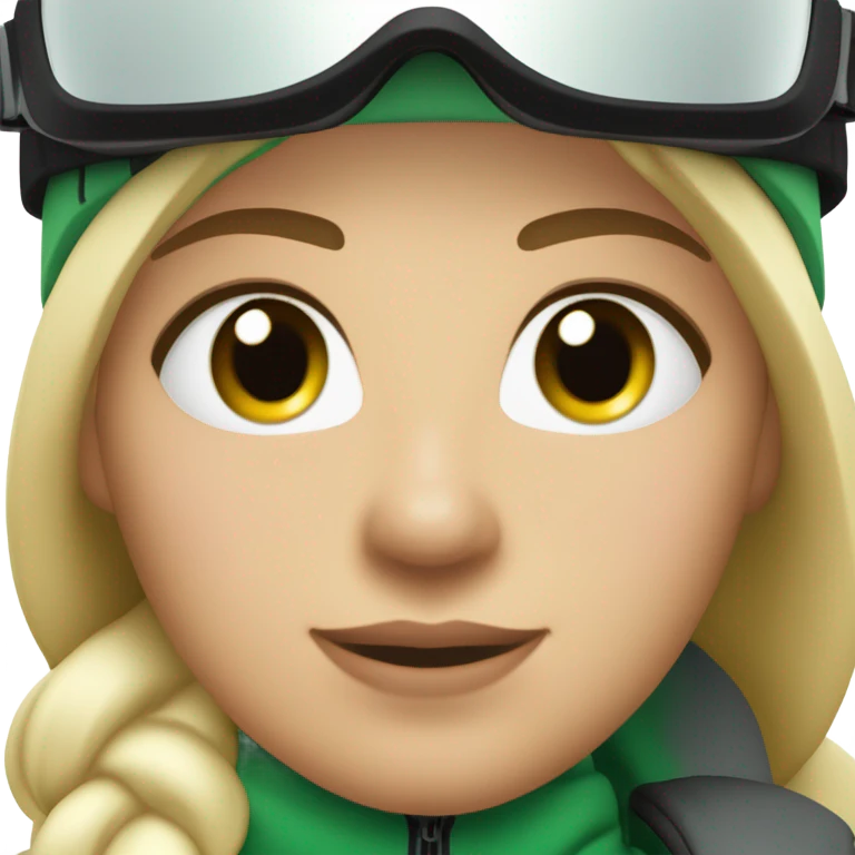 Green-eyed, fat female skier with medium-length straight blonde hair no curls, snow goggles on top of helmet, white ski helmet, gray snow jacket, green ski gloves, long black pants rolled up at the bottom, black only snow boots standing tall. emoji