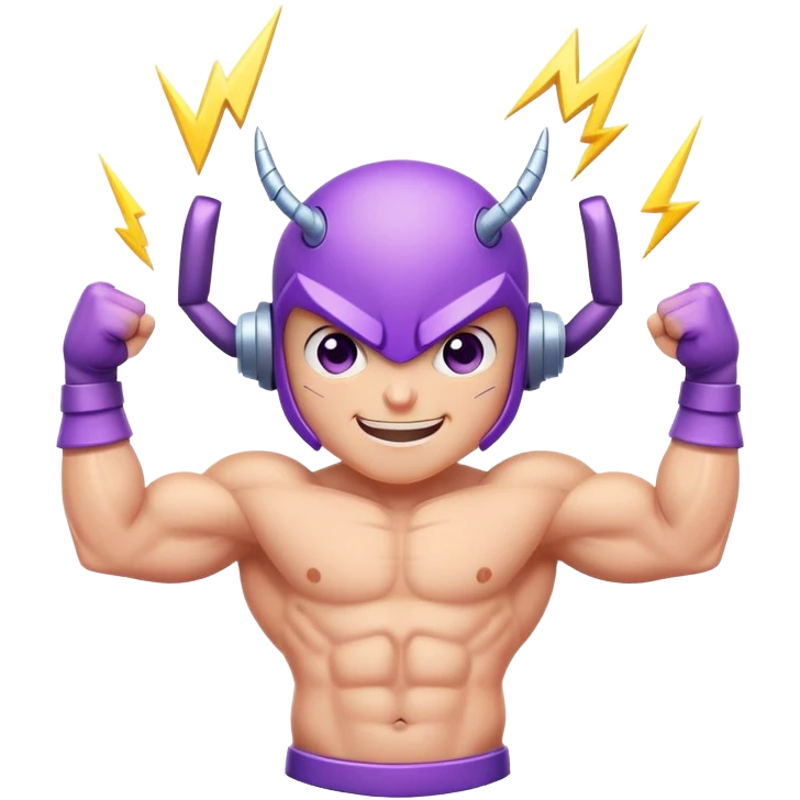 cute purple bug with confident narrowed eyes, strong flexing muscular arms, a fun happy smiling expression, and electric lightning bolt arms emoji