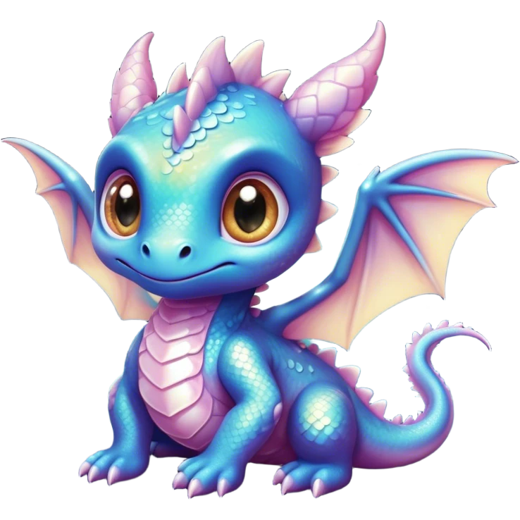 Airbrush painted image of an adorable little baby dragon with large glistening eyes under a deep galactic sky with pearlescent scales and wings spread against the stars emoji