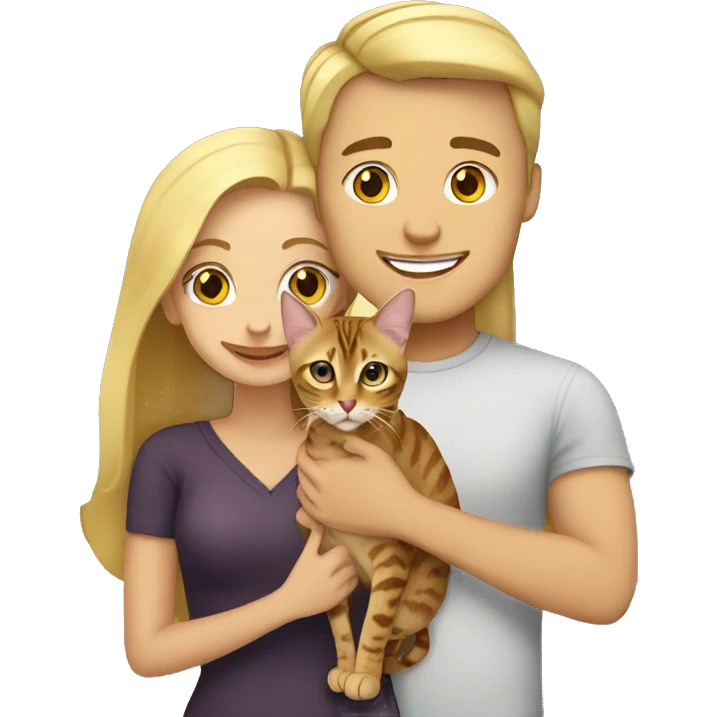 Blonde male and blonde female holding bengal cat emoji