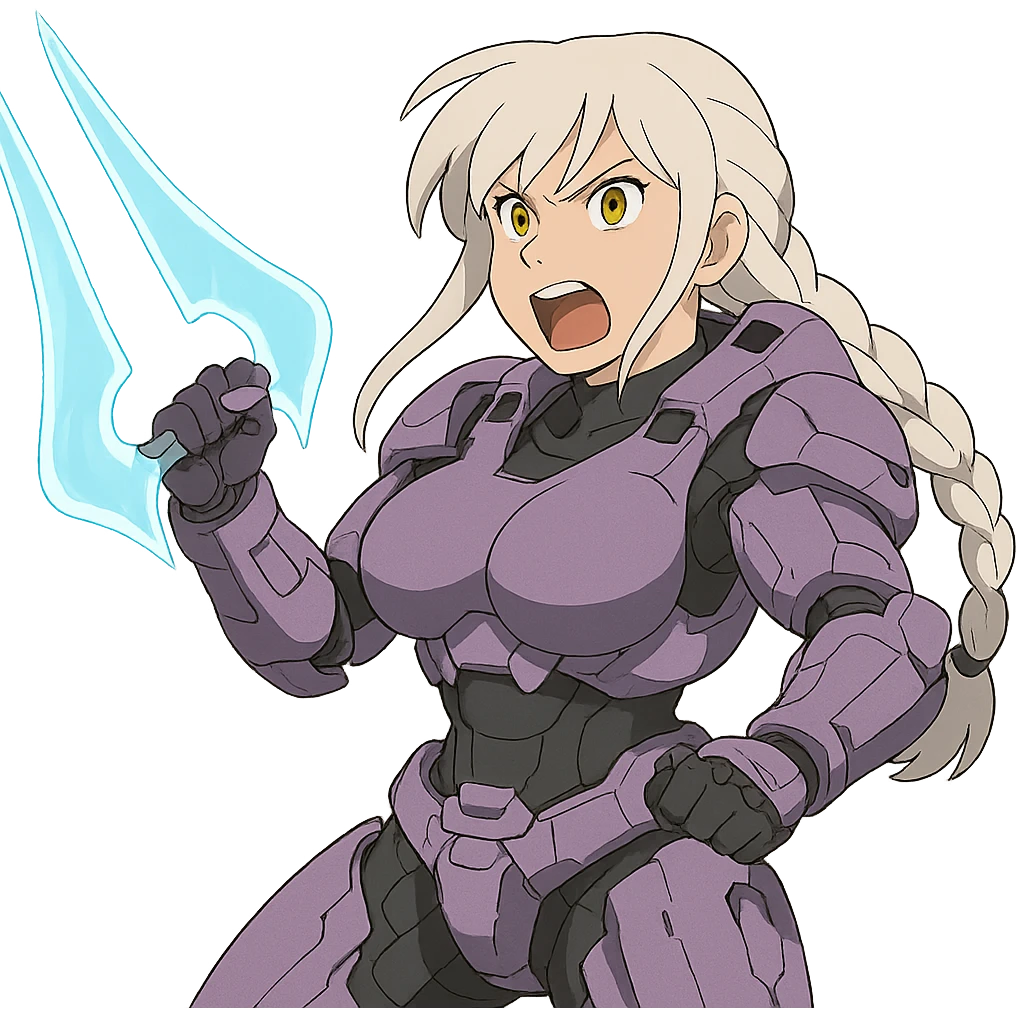 female, wearing reach spartan armor default, long white braid hair with massive messy front side single bangs, gold yellow eyes, attention pose, HALO:series, no helmet, the armor is lavender color scheme, shoulder pad off. DDD bust size fitting. Punk gothic cyberpunk, brandishing a covenant energy sword, preparing to swing and yelling emoji