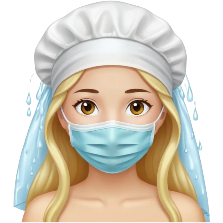 A beautiful girl with long hair wears a face mask and a white shower cap emoji