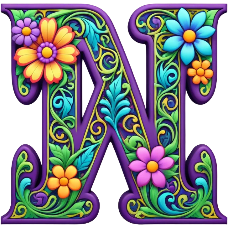 3D, gothic style psychedelic colored Letter W with hippie style flower border emoji