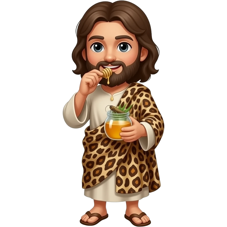 John the Baptist full bodied dressed in wild animal prints and eating wild honey and grasshoppers emoji