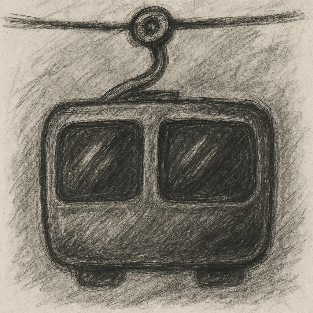 Add hand-drawn shading, visible windows, cables, and sketch details to the purple cable car, emphasizing a detailed pencil sketch style. emoji