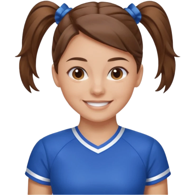 brown hair blue cheerleading shirt no bangs with a low pony tail smiling emoji
