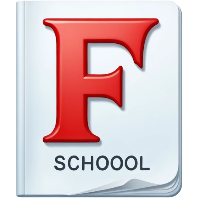 A report card from school is showing that the student is failing a class at school. The report card has the word "school" written on it. The failing grade is indicated by large red letter F on it. The paper or document should not be crumbled up but rather neat and clean. emoji