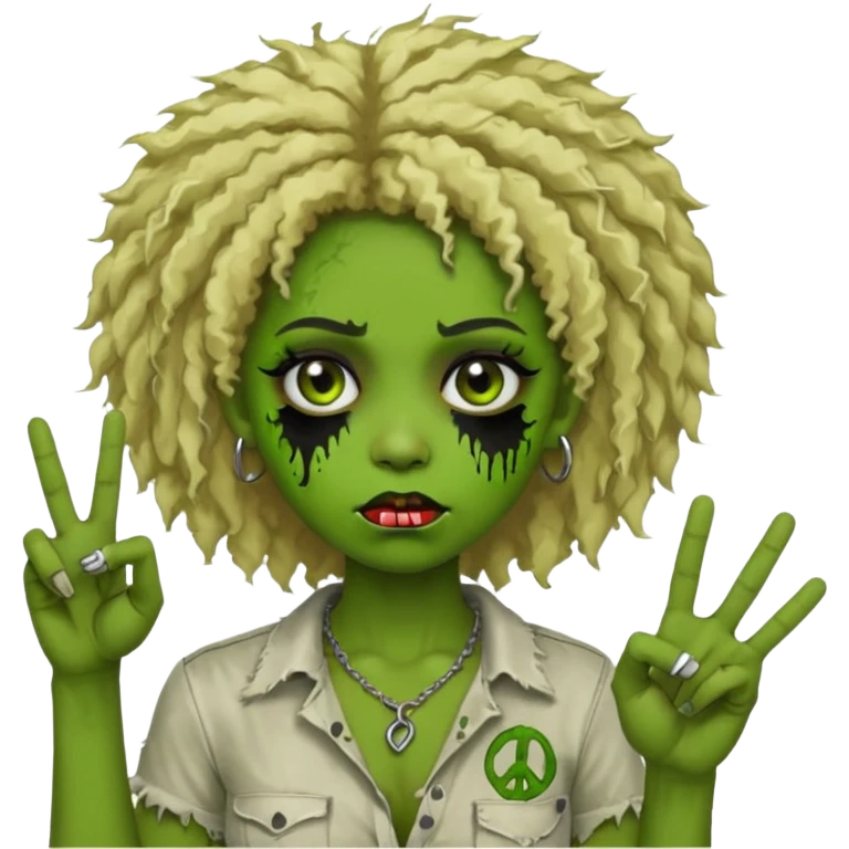 girl, green zombie,blonde afro, medium long, shaggy, dark, spooky,double eyebrow dermal piercing,peace sign emoji