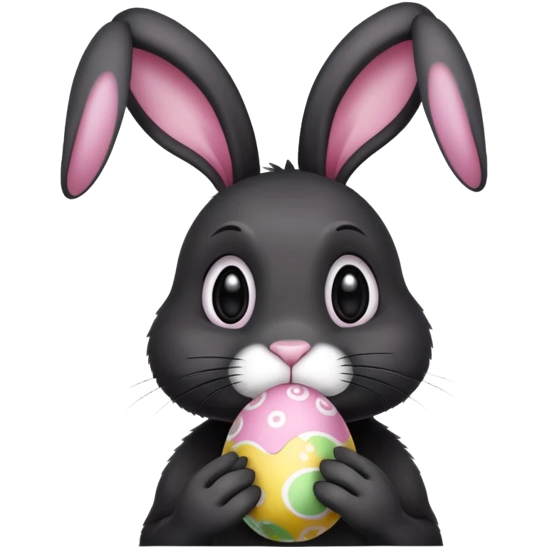 Black rabbit with a white nose, hanging ears  and holding easter eggs emoji