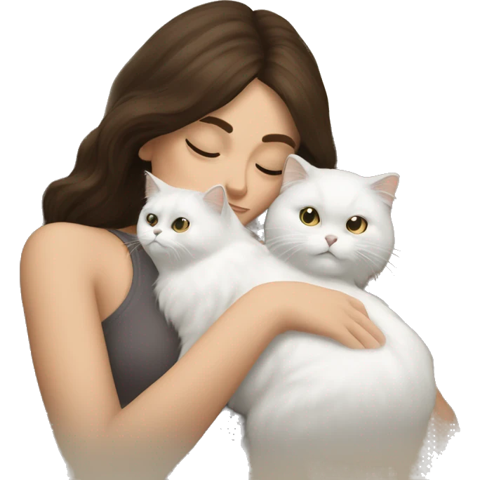 Brunette woman snuggling white Persian cat emoji