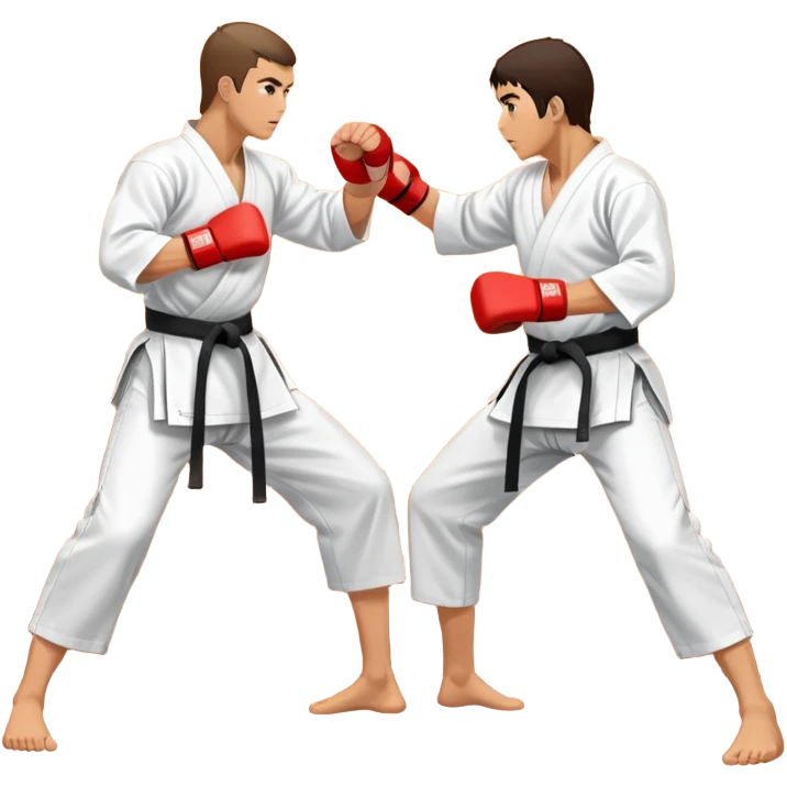 An icon representing traditional Karate, featuring two opponents in a martial arts dojo. One is performing a powerful punch, while the other defends with a block. The background showcases a classic dojo setting with wooden floors and sliding doors. Transparent background emoji