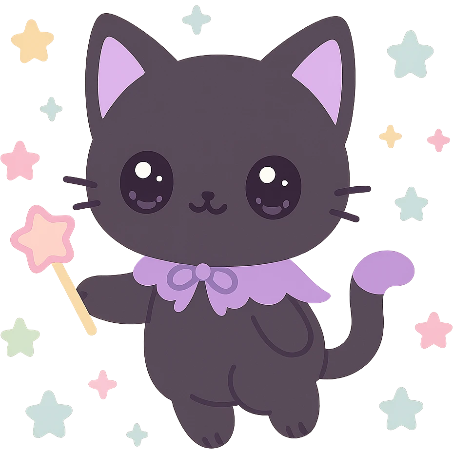 kawaii style magical gothic cat, adorable face, black and purple fur, floating with pastel stars, holding a magic wand, sweet and whimsical emoji