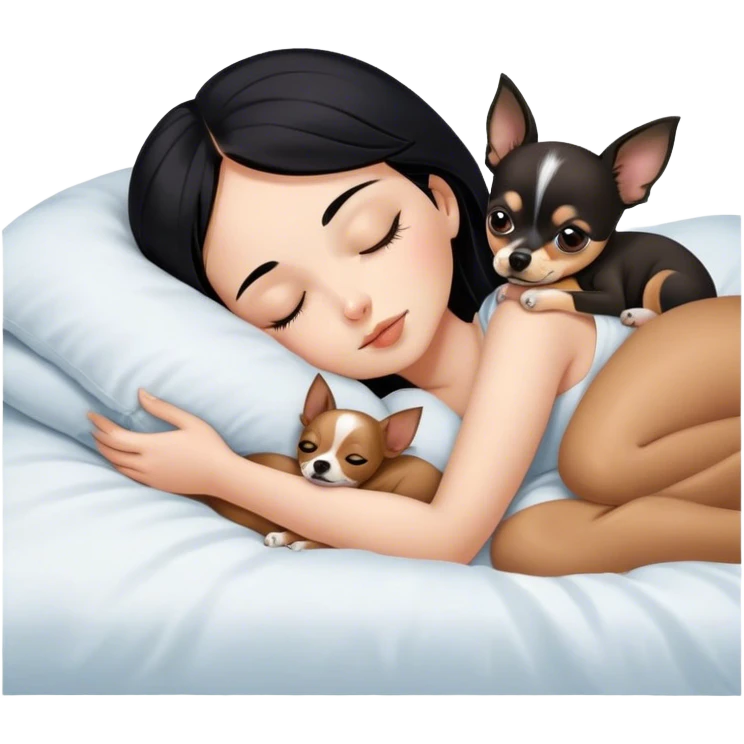 Girl with black hair sleeping in bed with one brown chihuahua  emoji