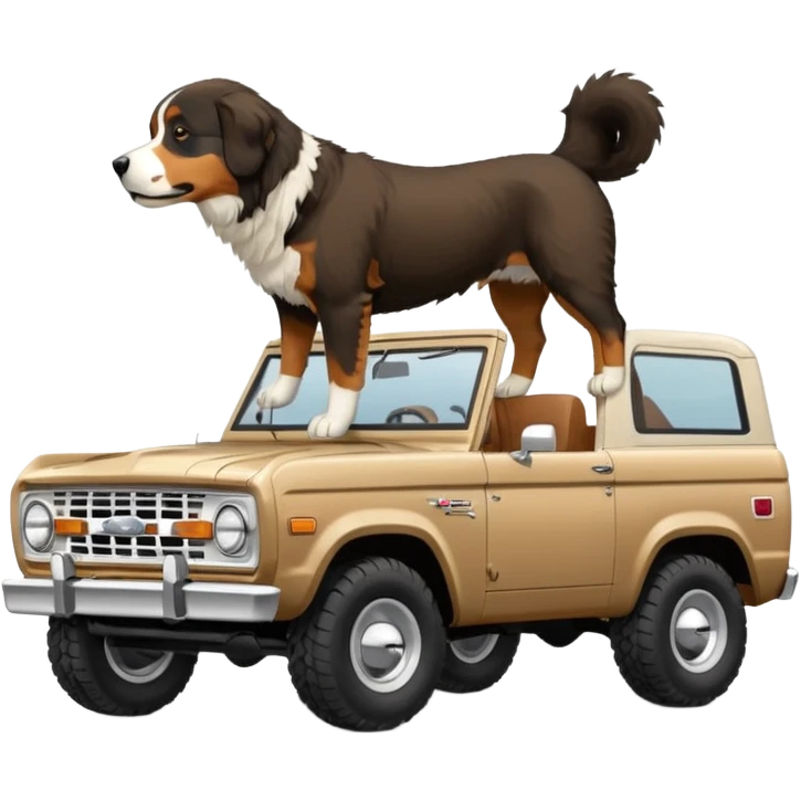 Sand colored ford bronco with no roof and Bernese mountain dog in the back emoji