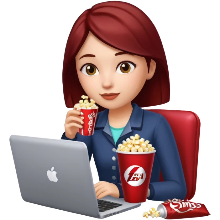 Girl playing sims 4 on laptop and eating popcorn and drinking a Dr Pepper emoji