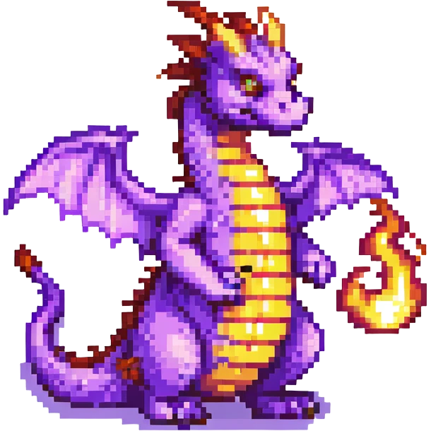 violet dragon breathing fire, pixel art style, retro game look emoji