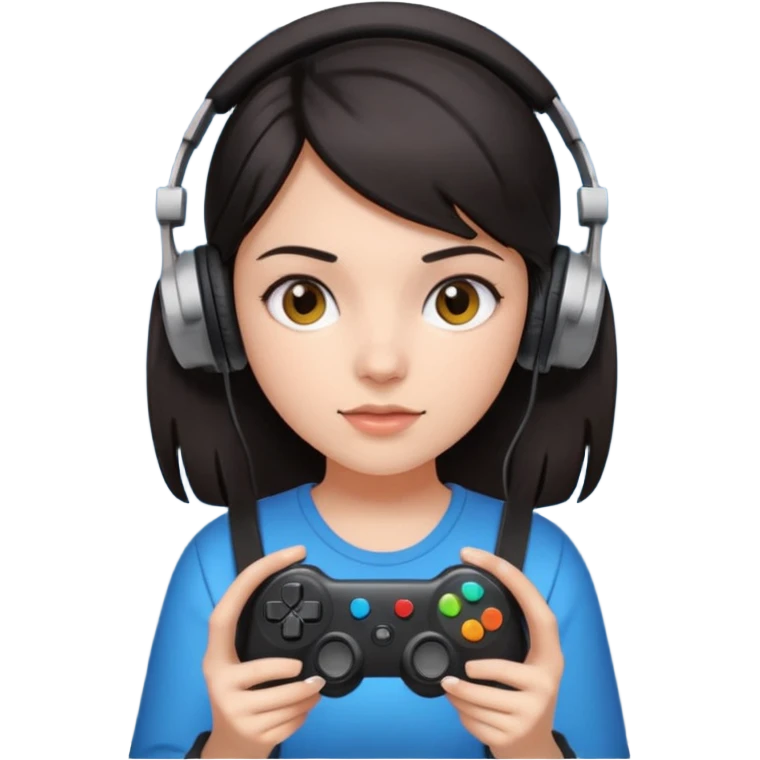 dark haired girl with headphones holding game controller emoji