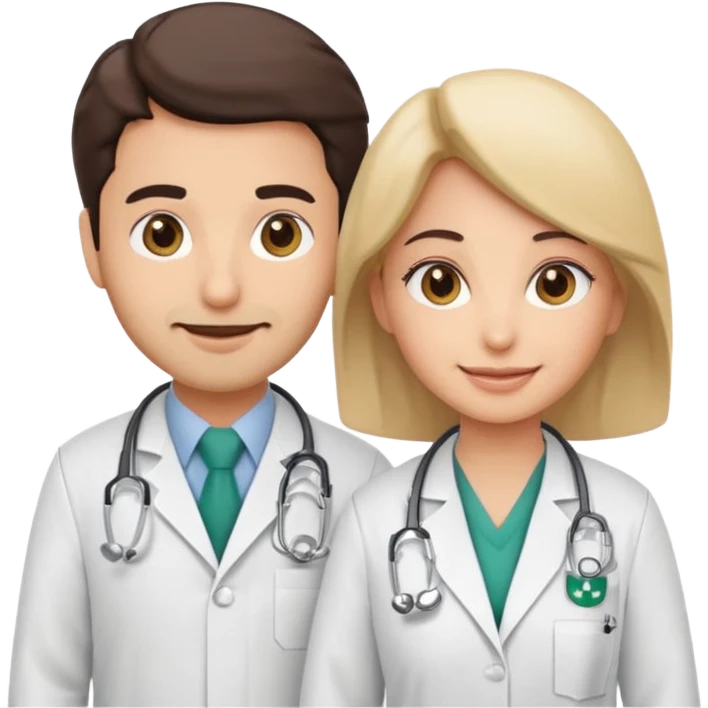 A cute cartoon-style emoji of a Saudi male and female doctors wearing white lab coats with the Alfarabi Medical Laboratories logo. Friendly smiles, soft colors, and simple features, suitable for medical branding and social media. emoji