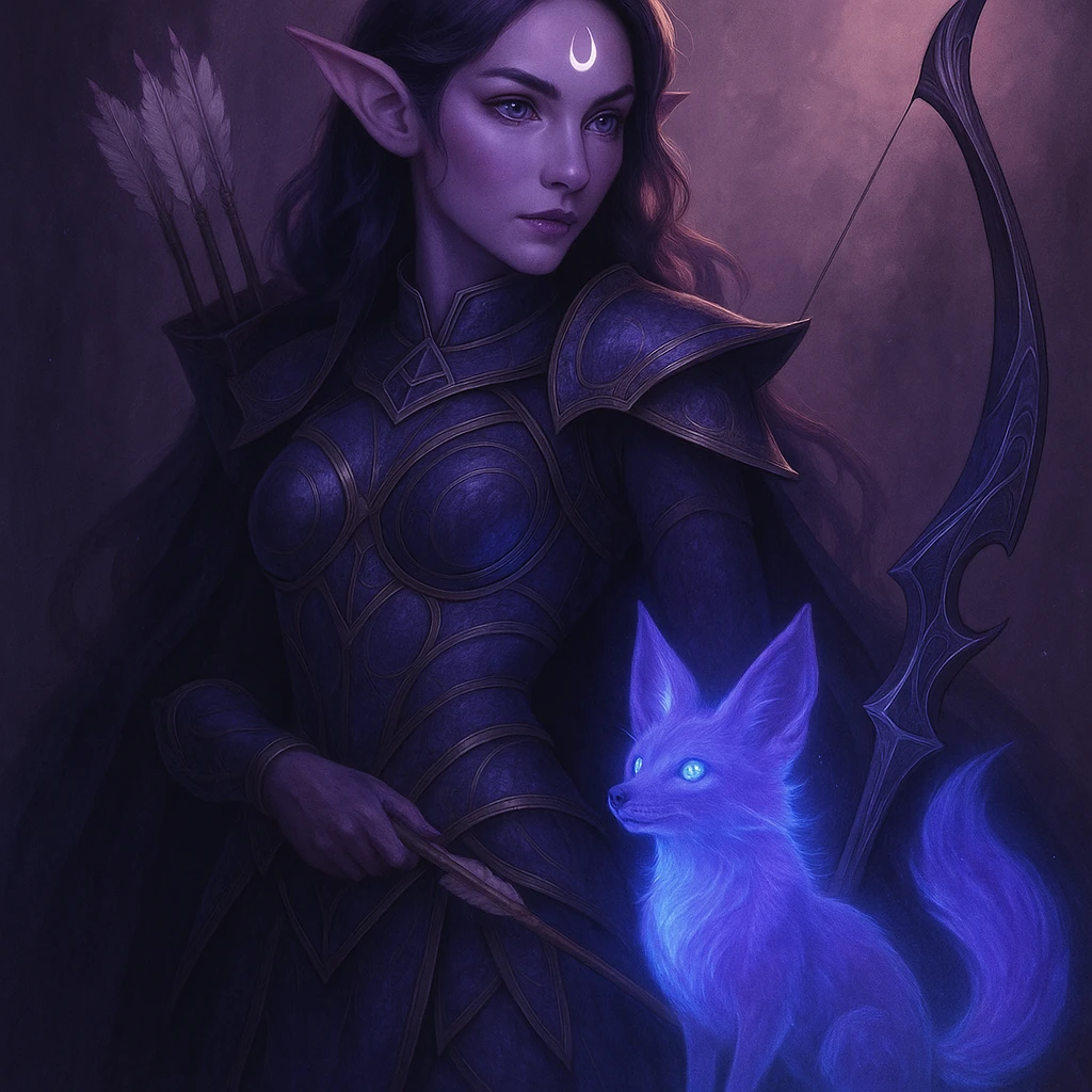 Add a magical pet companion, such as a glowing spirit fox or small dragon, beside the purple fantasy elf archer. Keep the fantasy theme and color harmony in a style consistent with the original image. emoji