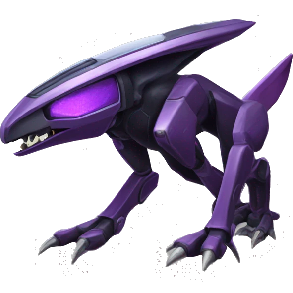 a shiny black-purple-yellow Genesect-Raptor-Fakémon—hybrid with a futuristic visor-helmet full bod emoji