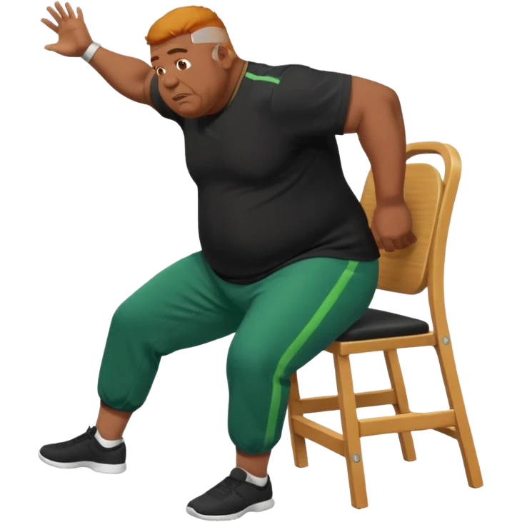 גבר זקן ג'ינג'י מלא כוסע שחור הפוך חולמה שחורה ומכנסיים ירוקות ארוכות מבצע תרגיל לאנג' בתמיכת כיסא מהצד emoji