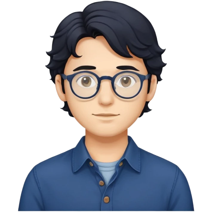 Torso view of young man with longer wavy black hair, round glasses, dark blue casual buttoned shirt emoji