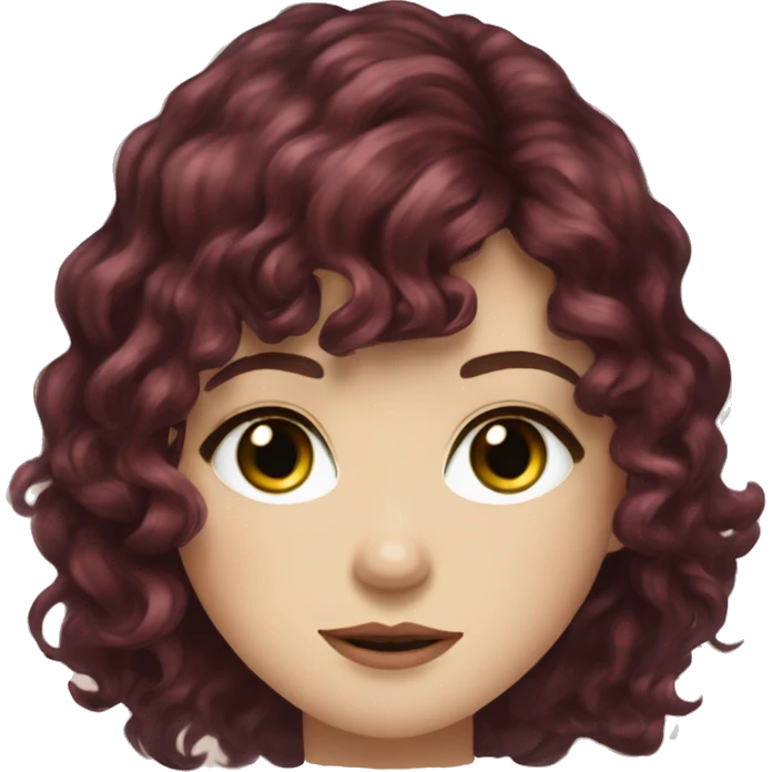 Woman, pale skin, light freckles, green and brown eyes, burgundy wavy long hair with bangs emoji
