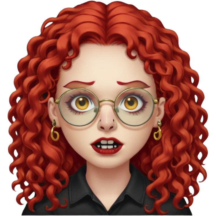 zombie with long red curly hair, thick lashes, black glasses, gold nose piercings on each nostril, and a gold eyebrow piercing. emoji